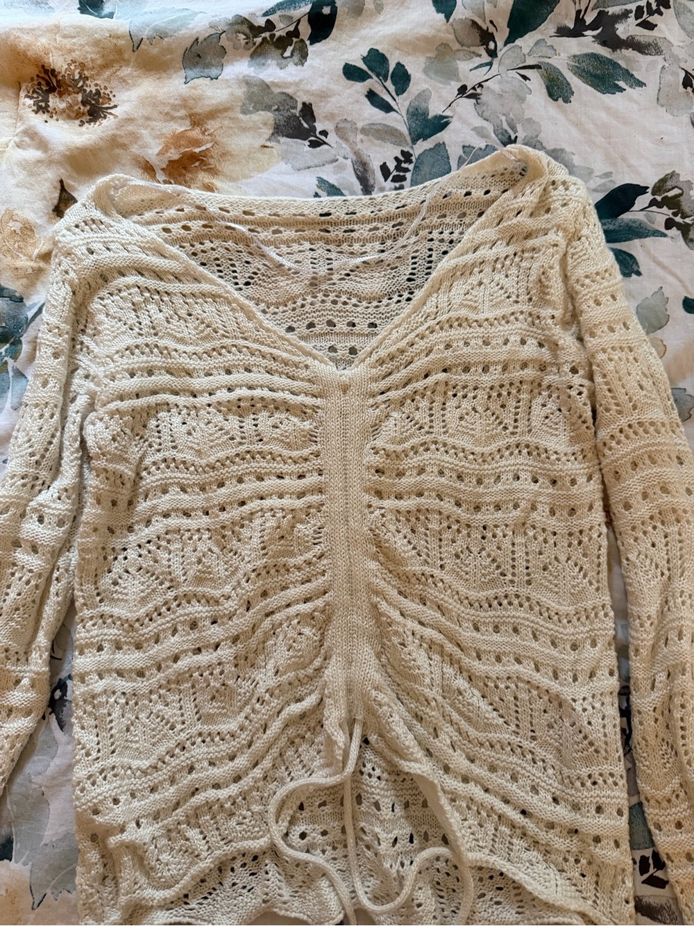 Cream Knit Drawstring Openwork Sweater Top - Picture 2 of 3